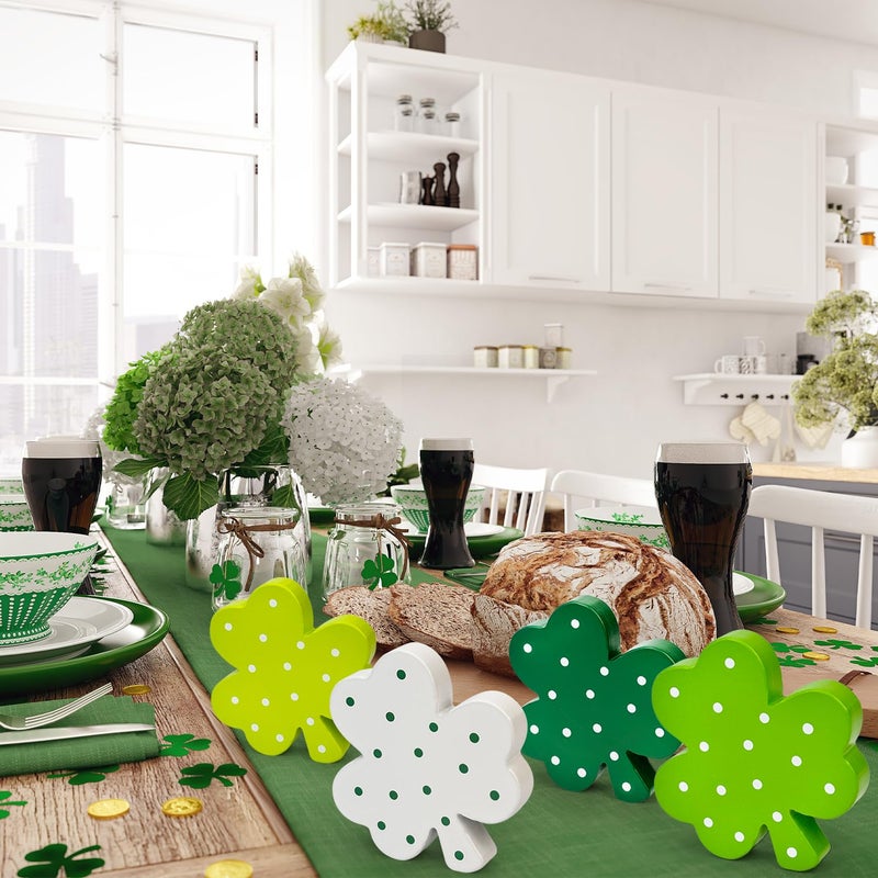 Leetous St Patricks Day Shamrock Decorations for Table,4 PCS Irish Green Wooden Lucky Clover Signs Decor for Indoor Office Home,Saint Patricks Day Gifts Centerpiece for Tiered Tray Mantel Shelf Desk Party Bar - Image 5