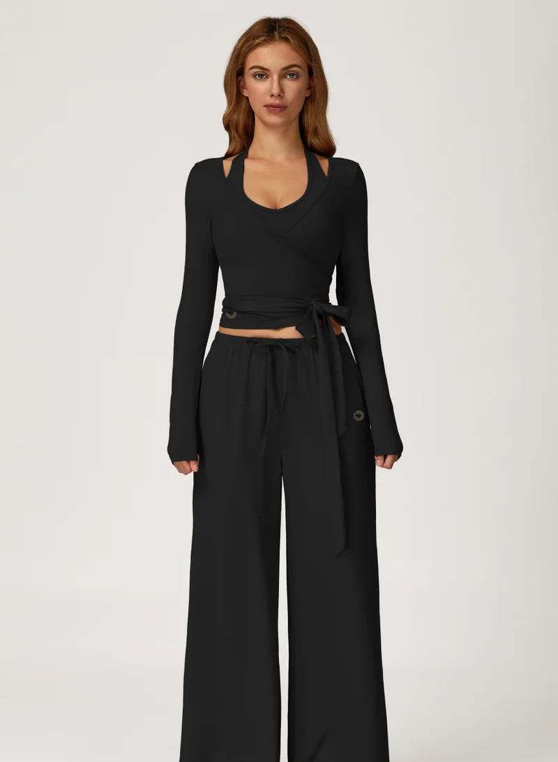 KAWN.YOGA Licorice Black Mid Waist Wide Leg Joggers for Women | Best Price UAE