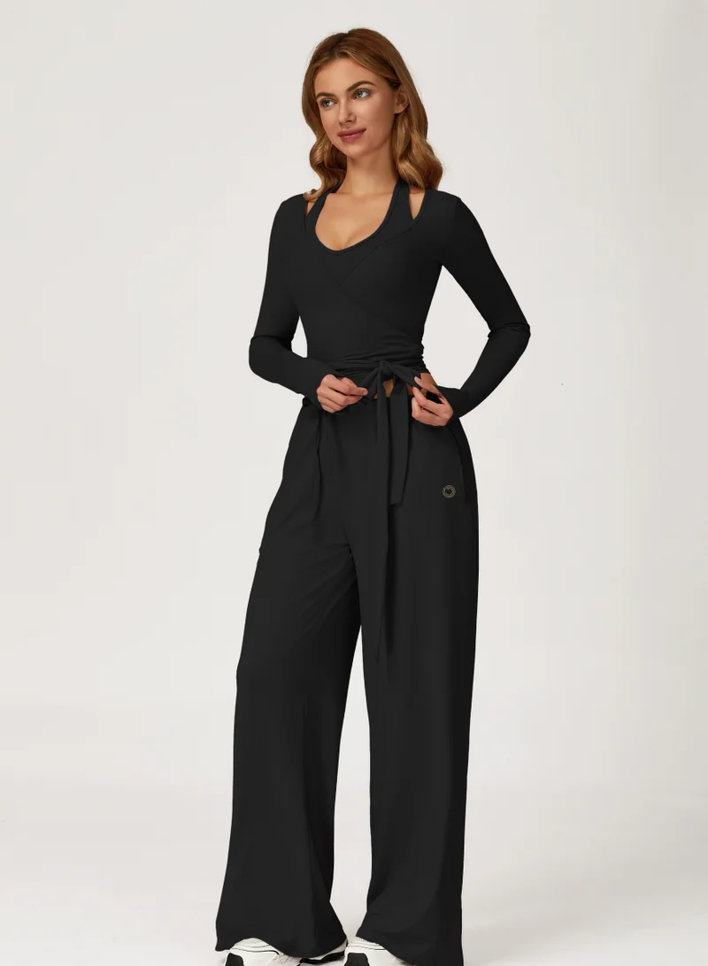 KAWN.YOGA Licorice Black Mid Waist Wide Leg Joggers for Women | Best Price UAE