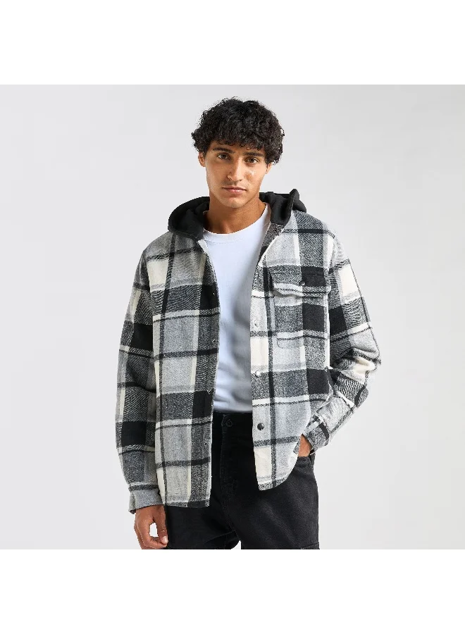 Splash FAV Checked Hooded Shirt with Long Sleeves and Snap Button Closure