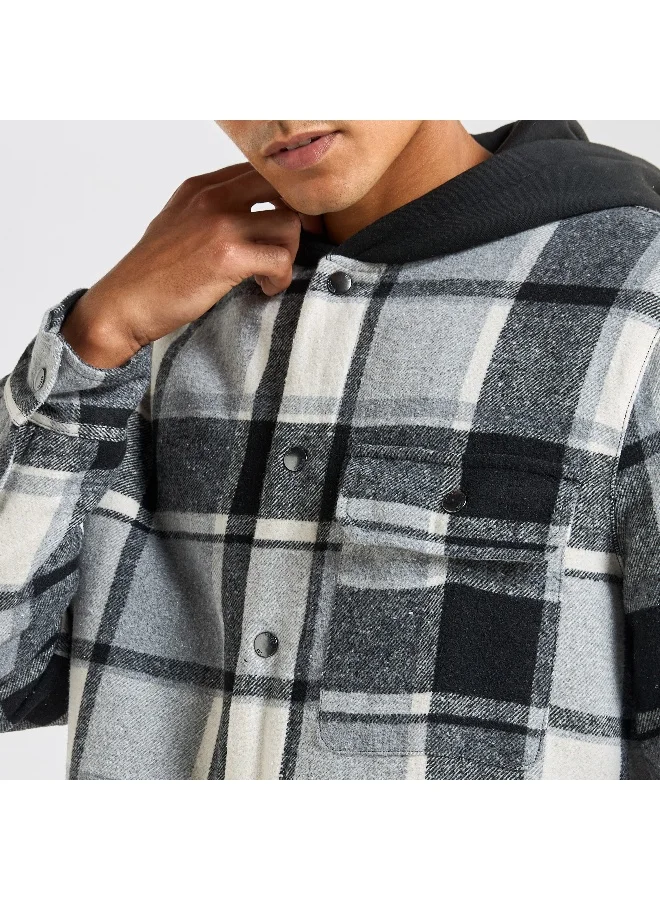 Splash FAV Checked Hooded Shirt with Long Sleeves and Snap Button Closure