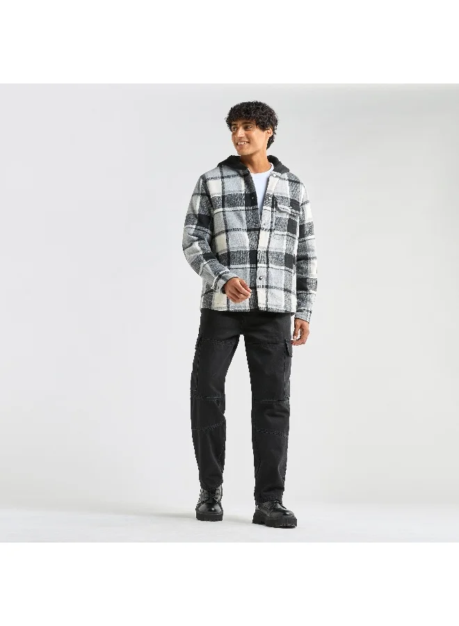Splash FAV Checked Hooded Shirt with Long Sleeves and Snap Button Closure