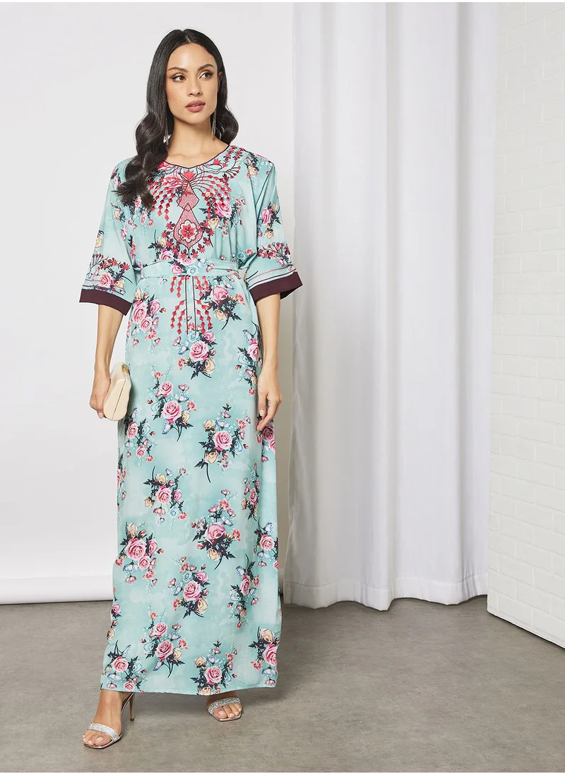 Hayat Jalabiya With Floral Embroidery In Front And Short Sleeves With Belt