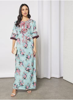 Hayat Jalabiya With Floral Embroidery In Front And Short Sleeves With Belt  - Image 3