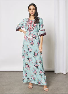 Hayat Jalabiya With Floral Embroidery In Front And Short Sleeves With Belt  - Image 1