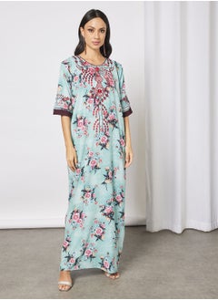 Hayat Jalabiya With Floral Embroidery In Front And Short Sleeves With Belt  - Image 4