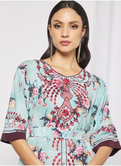 Hayat Jalabiya With Floral Embroidery In Front And Short Sleeves With Belt  - Image 5