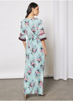 Hayat Jalabiya With Floral Embroidery In Front And Short Sleeves With Belt  - Image 2