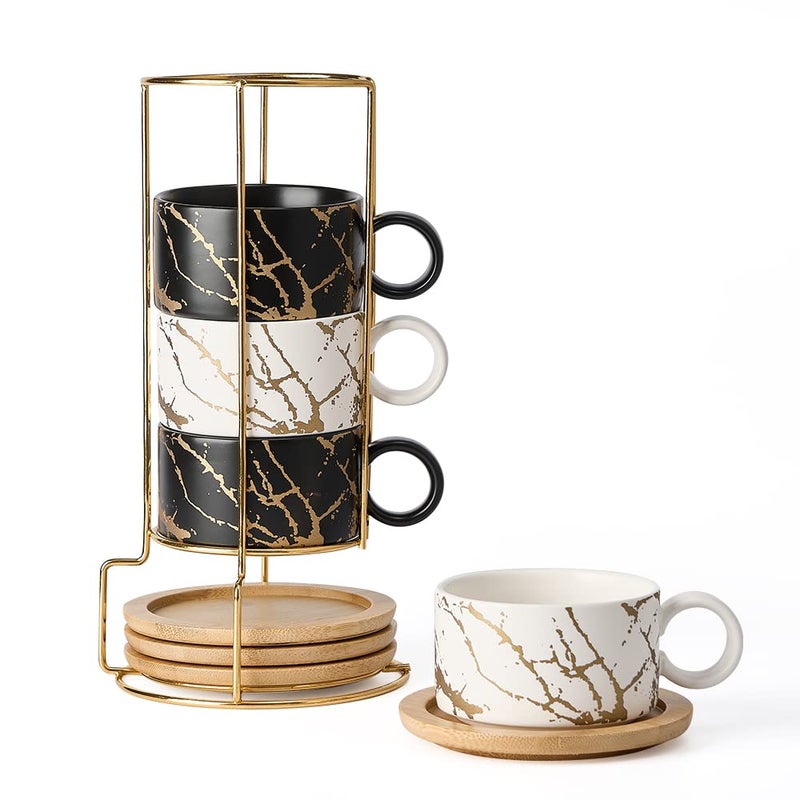 Luka Porcelain Espresso Cup With Metal Stand  6 Ounce Stackable Ceramic Demitasse Espresso Mugs Cappuccino Cups Set For Latte Coffee Cafe Mocha Tea(Set Of 4) - Image 1