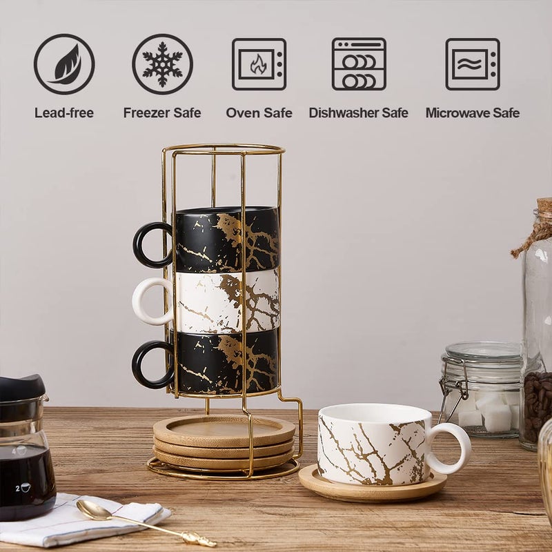 Luka Porcelain Espresso Cup With Metal Stand  6 Ounce Stackable Ceramic Demitasse Espresso Mugs Cappuccino Cups Set For Latte Coffee Cafe Mocha Tea(Set Of 4) - Image 4