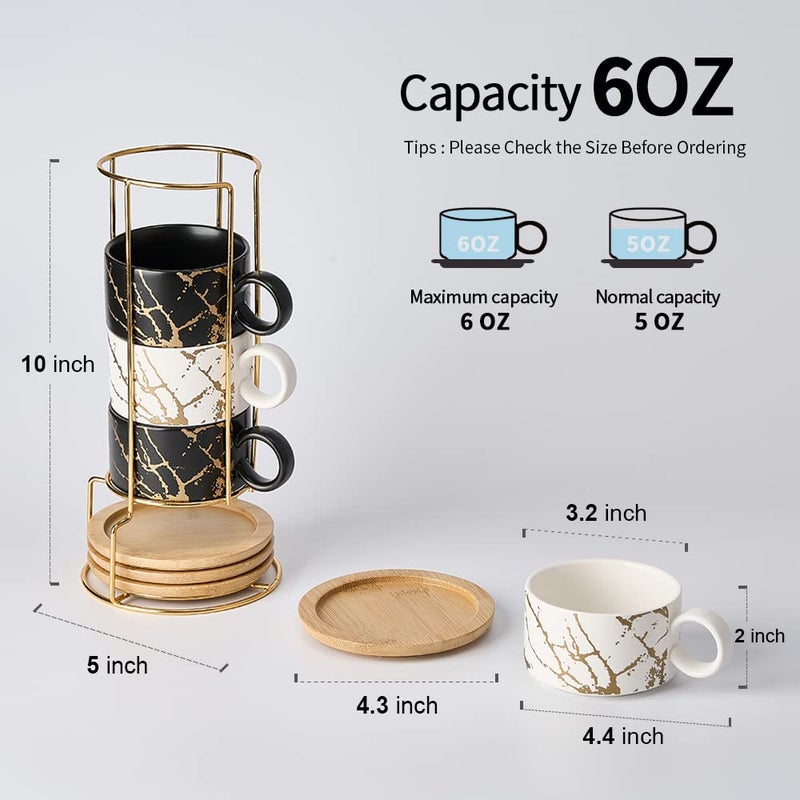 Luka Porcelain Espresso Cup With Metal Stand  6 Ounce Stackable Ceramic Demitasse Espresso Mugs Cappuccino Cups Set For Latte Coffee Cafe Mocha Tea(Set Of 4) - Image 2