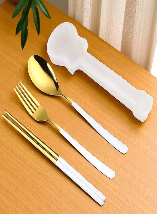 KAPO Luxury Travel Cutlery Set with Case – Gold & White Stainless Steel Spoon, Fork, Chopsticks – Portable Reusable Flatware for Office, School, Picnic & Travel (White) - Image 3