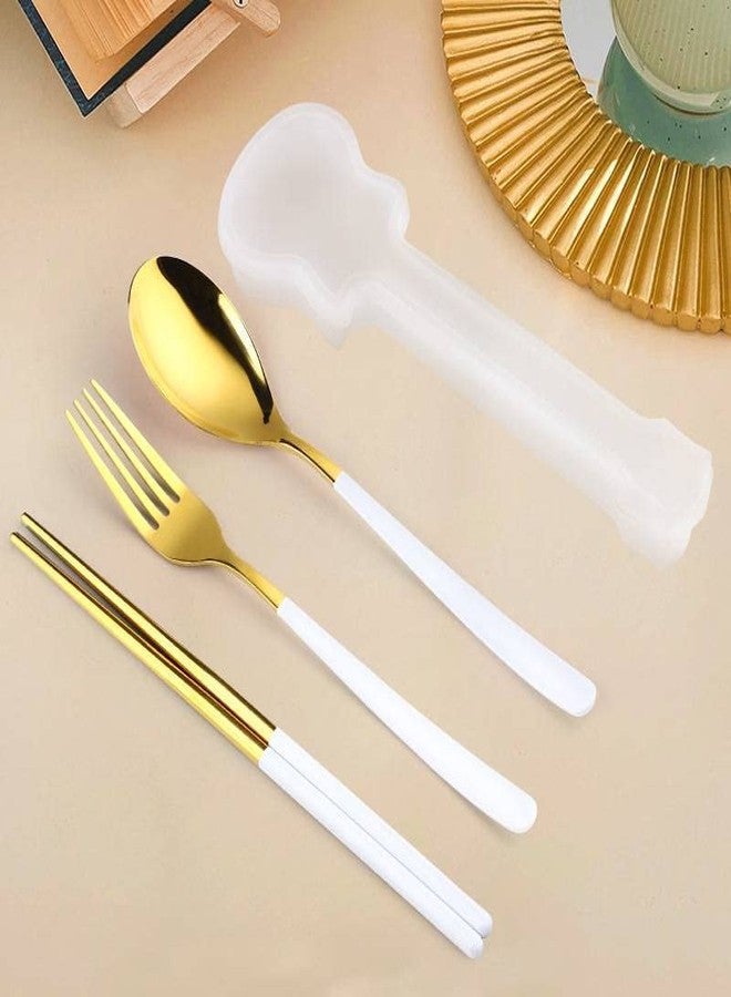 KAPO Luxury Travel Cutlery Set with Case – Gold & White Stainless Steel Spoon, Fork, Chopsticks – Portable Reusable Flatware for Office, School, Picnic & Travel (White) - Image 5