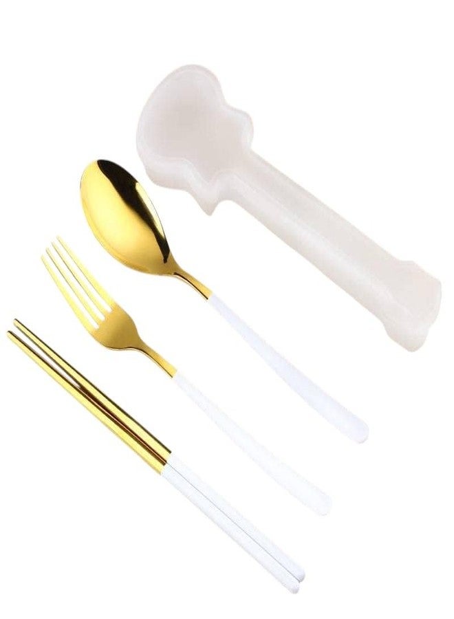 KAPO Luxury Travel Cutlery Set with Case – Gold & White Stainless Steel Spoon, Fork, Chopsticks – Portable Reusable Flatware for Office, School, Picnic & Travel (White) - Image 1