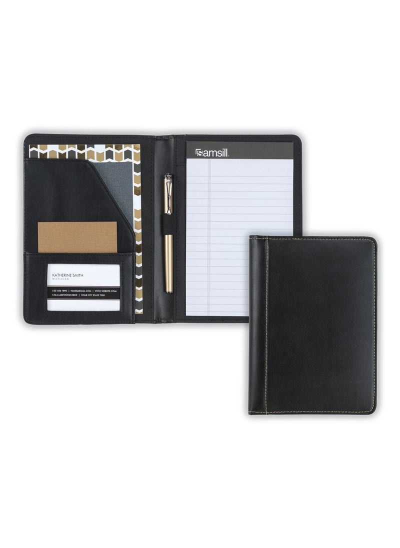 Samsill Samsill Contrast Stitch Faux-Leather Portfolio, Mini Size Business Interview Professional Padfolio, Includes 5 x 8 Inch Writing Pad, Black  - Image 1