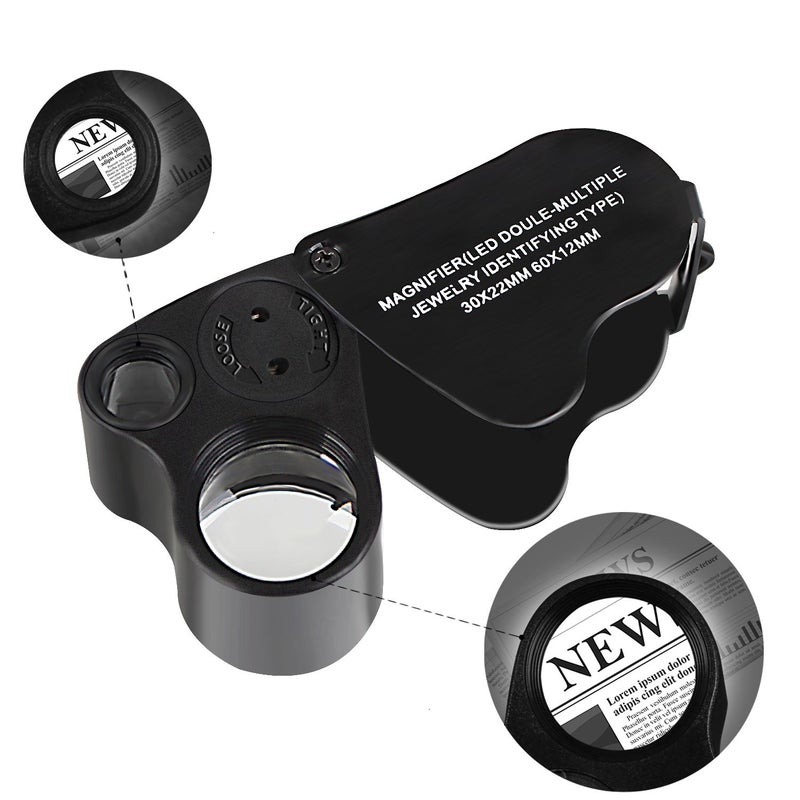 JARLINK 2 Pack 30X 60X Illuminated Jewelers Loupe Magnifier, Foldable Jewelry Magnifier with Bright LED Light for Gems, Jewelry, Coins, Stamps, etc (Black) - Image 3
