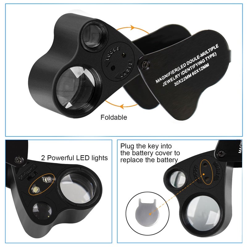 JARLINK 2 Pack 30X 60X Illuminated Jewelers Loupe Magnifier, Foldable Jewelry Magnifier with Bright LED Light for Gems, Jewelry, Coins, Stamps, etc (Black) - Image 5