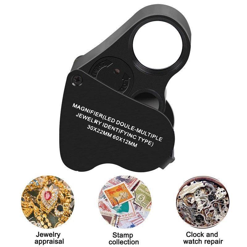 JARLINK 2 Pack 30X 60X Illuminated Jewelers Loupe Magnifier, Foldable Jewelry Magnifier with Bright LED Light for Gems, Jewelry, Coins, Stamps, etc (Black) - Image 2
