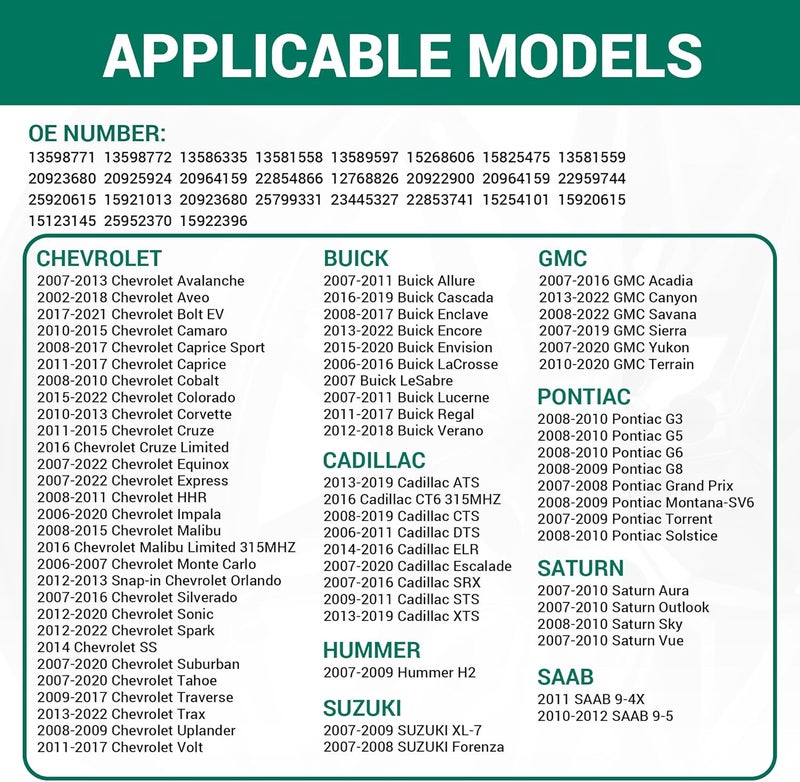 CDWTPS TPMS Sensor,GM 315Mhz Tire Pressure Monitoring Sensor Compatible for Chevy Silverado GMC Cadillac Buick Pontiac Saturn Hummber Saab Replace#13598771 13598772 13586335 13581558 4 Pack - Image 2