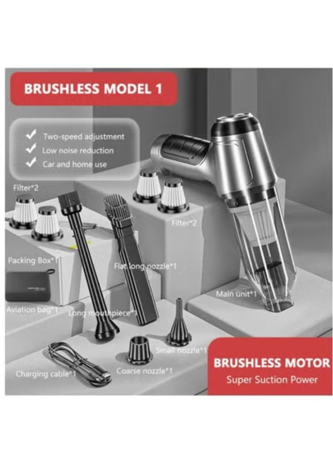 ارواق مكنسة كهربائية محمولة للسيارة بقوة 95000 باسكال، مكنسة كهربائية لاسلكية قوية، أدوات تنظيف وملحقات (رمادية مع 4 فلاتر) - Image 1
