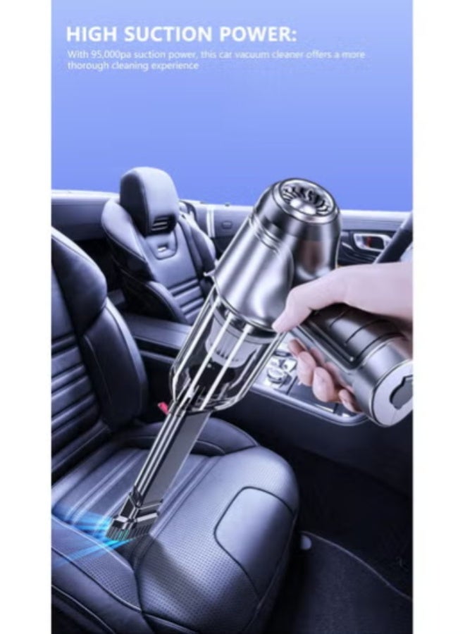 ارواق مكنسة كهربائية محمولة للسيارة بقوة 95000 باسكال، مكنسة كهربائية لاسلكية قوية، أدوات تنظيف وملحقات (رمادية مع 4 فلاتر) - Image 5