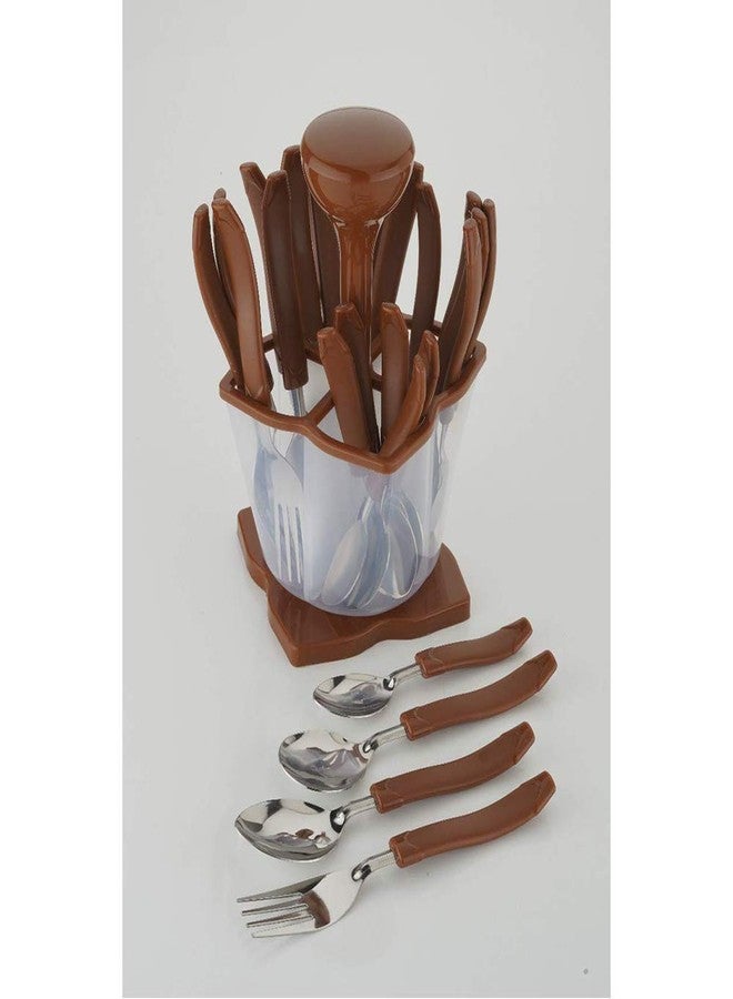 ConvertKitchen 24-Piece Brown Cutlery Set with Stand | Stainless Steel & Plastic | Includes 6 Tablespoons, 6 Teaspoons, 6 Forks, 6 Dessert Spoons | Elegant Dining Tableware - Image 2