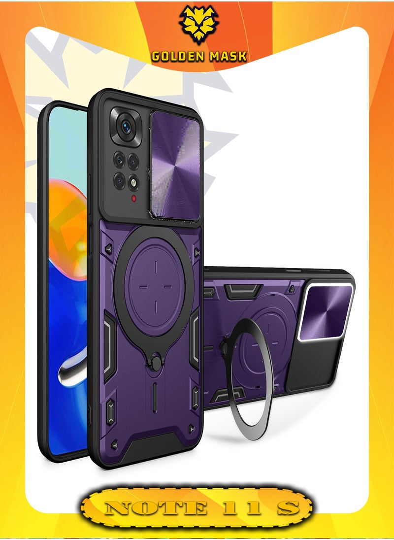 جولدن ماسك جولدن ماسك لهاتف شاومى ريدمى نوت 11/نوت 11اس (Xiaomi Redmi Note 11/Note 11S) جراب حماية مع باب جرار لحماية عدسة  الكاميرا المدرعة مدمج بزاوية 360 درجة - (بنفسجى) 