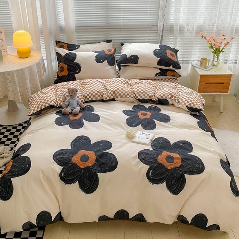 CLOTHKNOW Black Floral Queen Comforter Set Sunflower Bedding Comforter Sets Pumpkin Grid Comforter Soft Botanical Queen Comforter with 2 x Pillow Cases