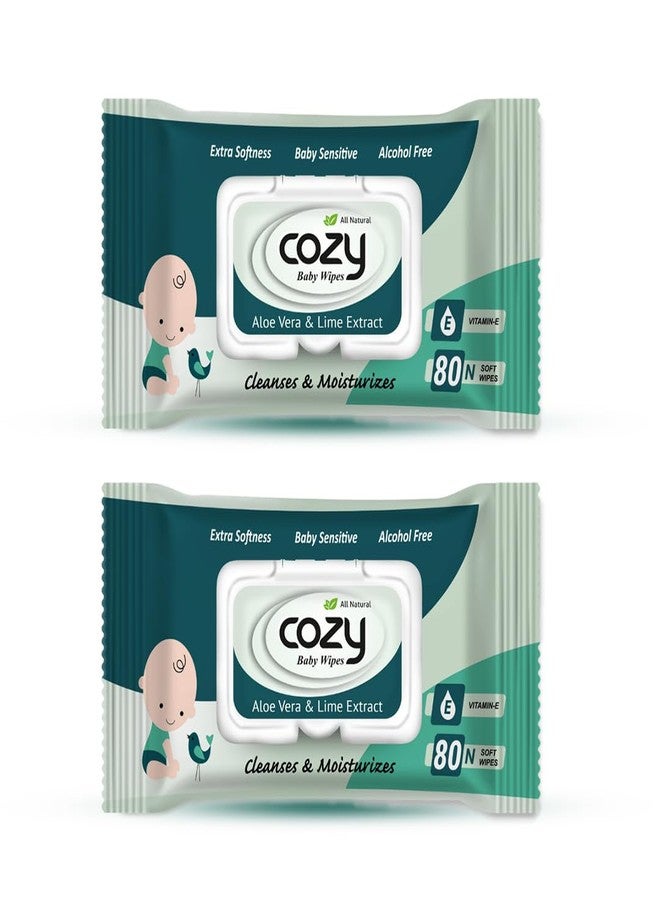 Cozy Baby Wipes, Green Alcohol free, soft and strong, aloe vera and lime extract, vitamin E, Extra softness, baby sensitive, alcohol free, 15 cm x 20 cm (160 Count (Pack of 2) - Image 1