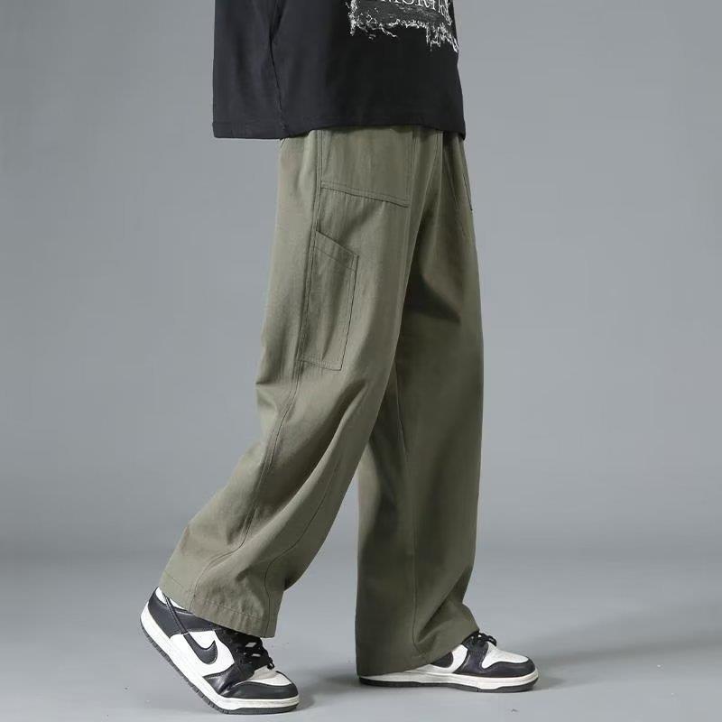 Mens Japanese Cotton Cargo Pants Loose Fit Casual Army Green - Image 1