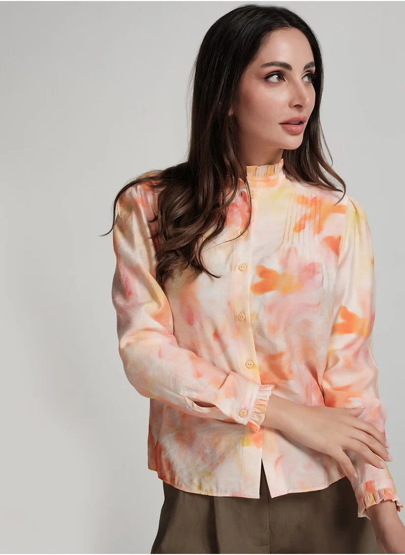 Zigzag Pintuck Detailed Shaded Orange Printed Top