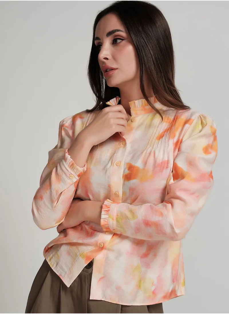 Zigzag Pintuck Detailed Shaded Orange Printed Top