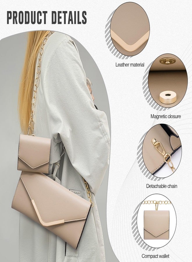 Larcenciel 2-Piece Envelope Clutch Purse Set w/Chain Strap & Matching Wallet, Apricot Leather Women's Evening Handbags, Elegant Crossbody Shoulder Party Bags for Formal Events, Wedding, Cocktail, Prom - Image 3