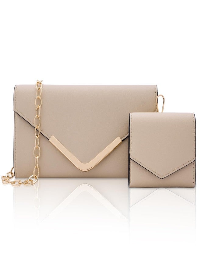 Larcenciel 2-Piece Envelope Clutch Purse Set w/Chain Strap & Matching Wallet, Apricot Leather Women's Evening Handbags, Elegant Crossbody Shoulder Party Bags for Formal Events, Wedding, Cocktail, Prom - Image 1