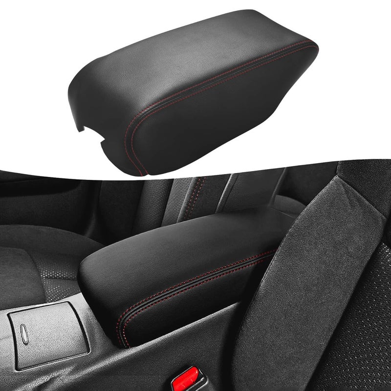 Center Console Lid Car Armrest Cover Replacement, Vinyl Leather Microfiber, Fits 2009-2014 Nissan Maxima - Upholstery Skin Red Stitch