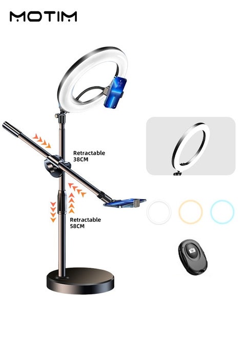 10.3" Selfie Ring Light Stand, 21.65'' Foldable Desk Stand and 2 Mobile Phone Holders, Overhead Phone Mount with Ring Lights, Desk Phone Light with Tripod Adjustable Shooting Arm for Video Recording, YouTube, TikTok, Live Streaming