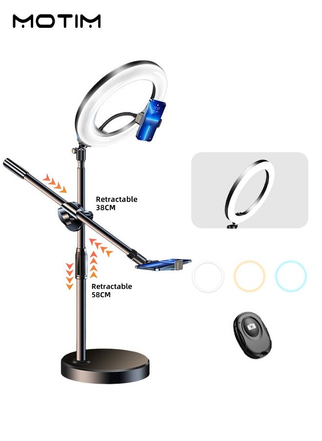 Motim - 10.3" Selfie Ring Light, 21.65'' Foldable Desk Stand and 2 Mobile Phone Holders, Overhead Phone Mount with Ring Lights, Desk Phone Light with Tripod Adjustable Shooting Arm for Video Recording, YouTube, TikTok, Live Streaming - Image 1