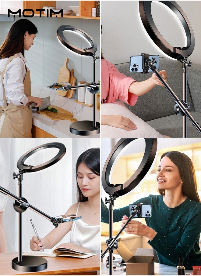 Motim - 10.3" Selfie Ring Light, 21.65'' Foldable Desk Stand and 2 Mobile Phone Holders, Overhead Phone Mount with Ring Lights, Desk Phone Light with Tripod Adjustable Shooting Arm for Video Recording, YouTube, TikTok, Live Streaming - Image 1