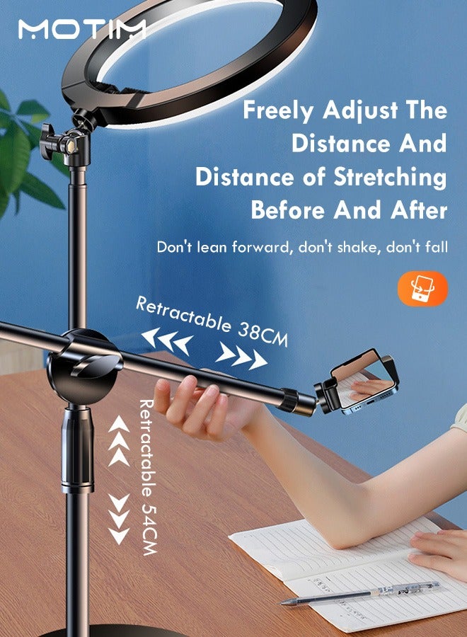 موتيم حامل إضاءة حلقي للسيلفي مقاس 10.3 بوصة مع حاملين للهاتف، وحامل ثلاثي القوائم قابل للتمديد مقاس 21.65 بوصة وحاملين للهاتف، وحامل هاتف علوي مع 3 مصابيح حلقيّة ملوّنة، وذراع تصوير قابل للتعديل لتصوير مقاطع فيديو مباشرة عن المكياج. - Image 5