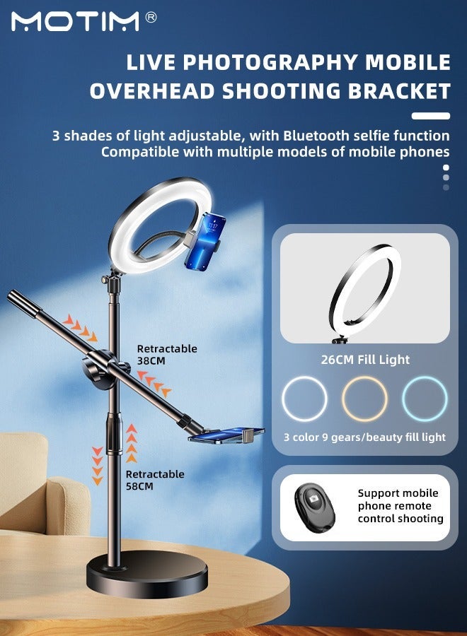 Motim 10.3 inch Selfie Ring Light Stand with 2 Phone Holders, 21.65 inch Extendable Desk Tripod Stand, Dimmable LED Ring Light Desk Selfie Light Stand Kit, Adjustable Shooting Arm for Live Streaming, Video Call - Image 1