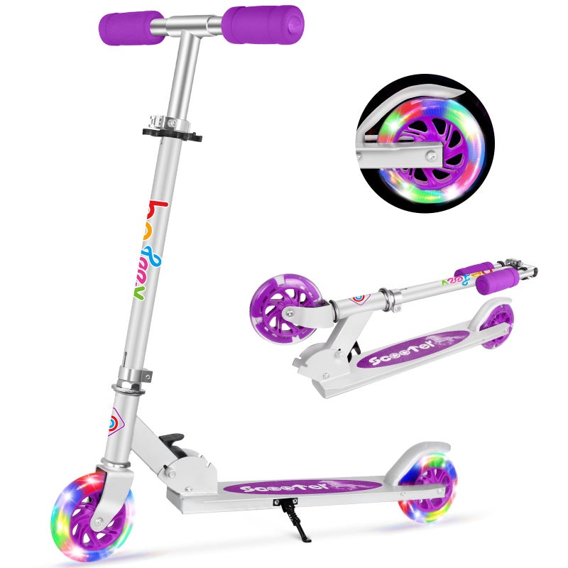 BELEEV V1 Kids Scooters for Girls Boys Ages 3-12, 2 Wheel Folding Kick Scooter with Light Up Wheels, 3 Adjustable Height, Lightweight Push Scooter with Kickstand for Children Gift (Purple)
