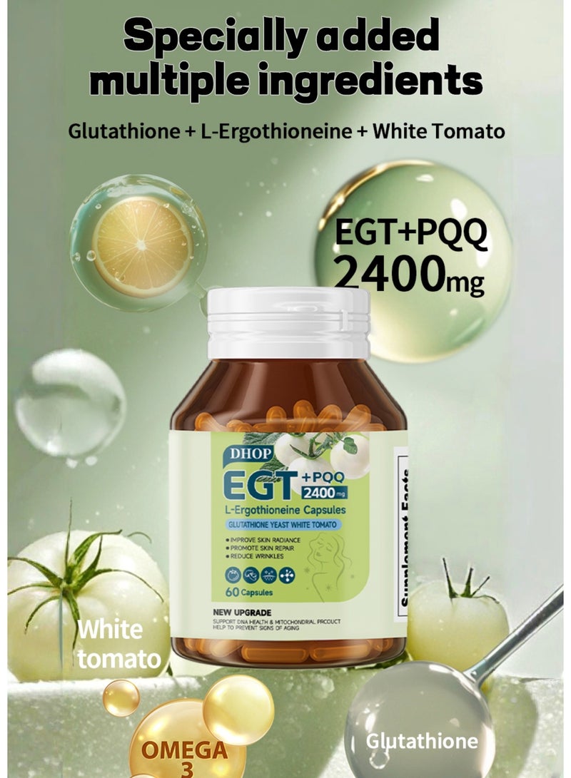 دهاب EGT+PQQ2400MG كبسولات L-Ergothioneine، خميرة الجلوتاثيون والطماطم البيضاء تعمل على تحسين إشراق البشرة وتعزيز إصلاح البشرة وتقليل التجاعيد 60 كبسولة - Image 2