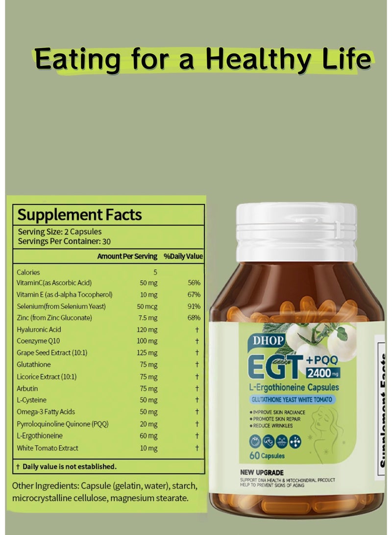 دهاب EGT+PQQ2400MG كبسولات L-Ergothioneine، خميرة الجلوتاثيون والطماطم البيضاء تعمل على تحسين إشراق البشرة وتعزيز إصلاح البشرة وتقليل التجاعيد 60 كبسولة - Image 5