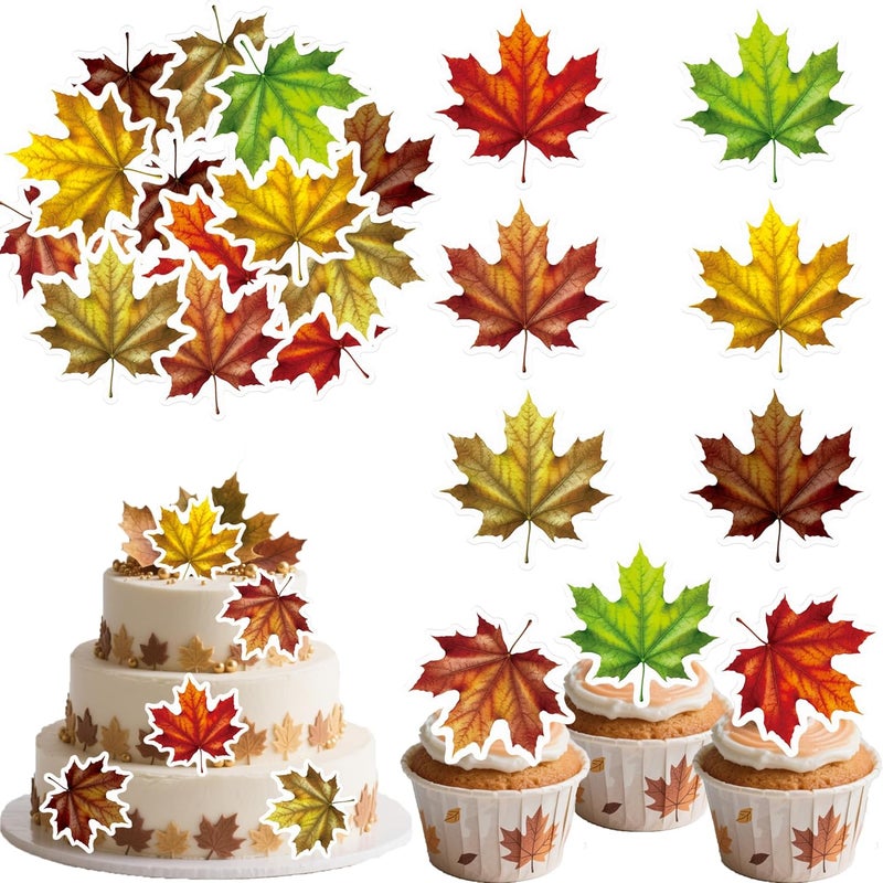 Fyeoxle 45PCS Edible Fall Leaves Cupcake Toppers Wafer Paper Autumn Maple Leaves Cake Decorations Edible Ginkgo Leaf Cupcake Picks for Autumn Thanksgiving Party Birthday Decor Supplies (Multi 2) - Image 1