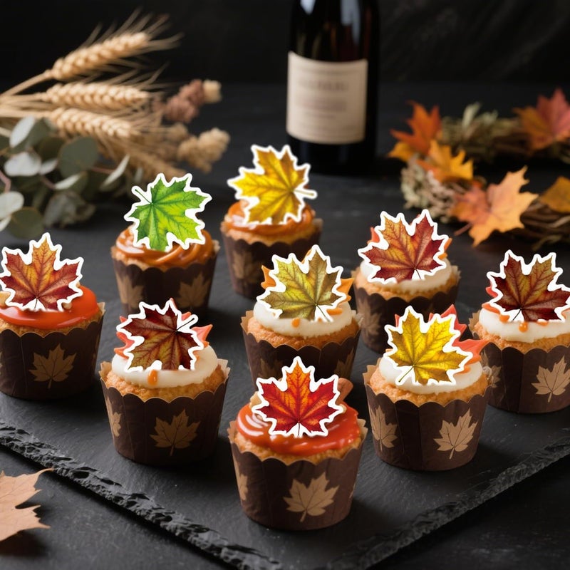 Fyeoxle 45PCS Edible Fall Leaves Cupcake Toppers Wafer Paper Autumn Maple Leaves Cake Decorations Edible Ginkgo Leaf Cupcake Picks for Autumn Thanksgiving Party Birthday Decor Supplies (Multi 2) - Image 5