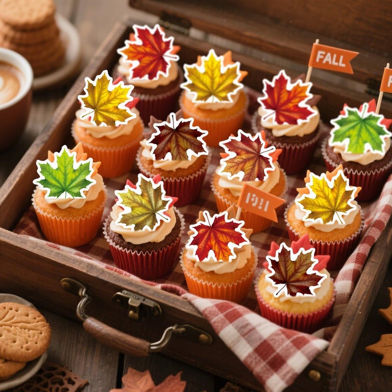 Fyeoxle 45PCS Edible Fall Leaves Cupcake Toppers Wafer Paper Autumn Maple Leaves Cake Decorations Edible Ginkgo Leaf Cupcake Picks for Autumn Thanksgiving Party Birthday Decor Supplies (Multi 2) - Image 4