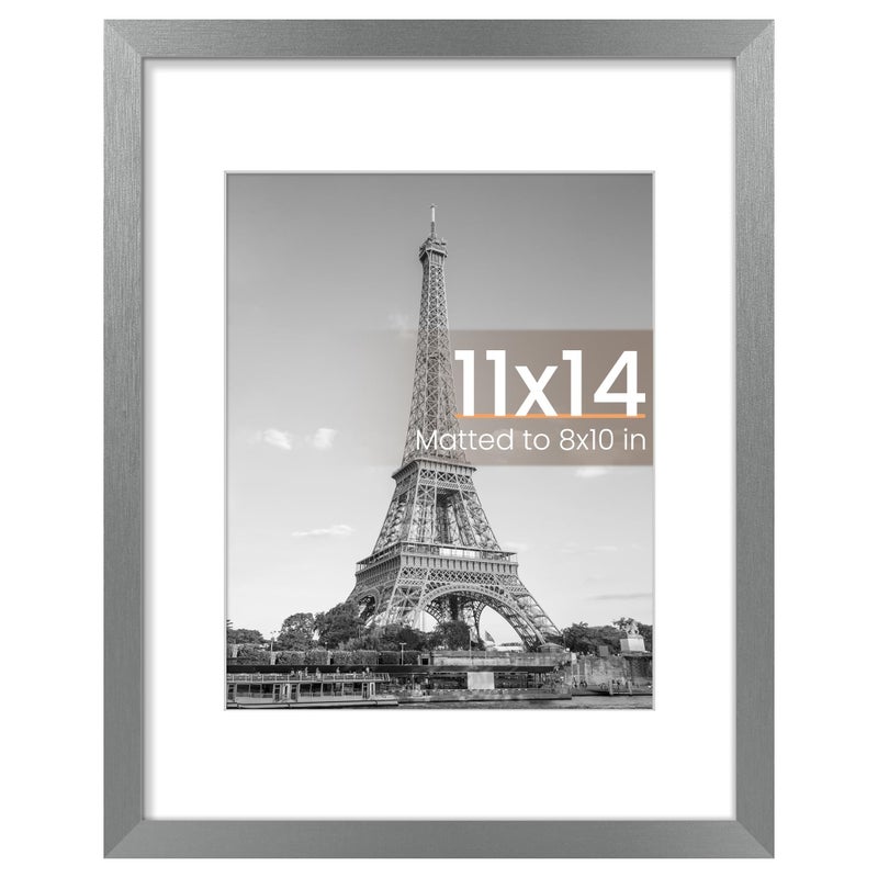 upsimples 11x14 Picture Frame, Display Pictures 8x10 with Mat or 11 x 14 Without, Wall Hanging Photo Frames, Metallic Gray, 1 Pack - Image 1