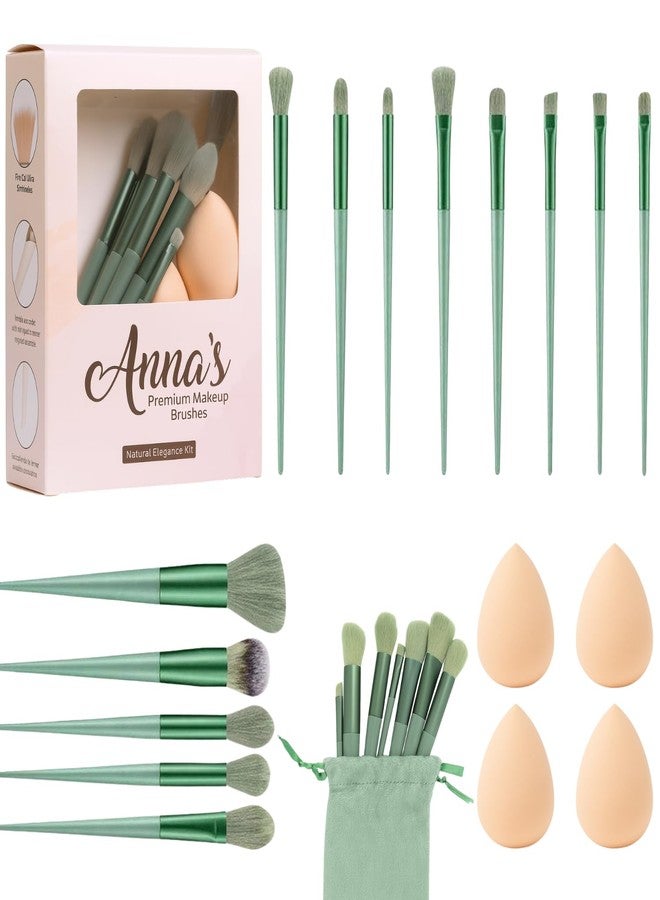 ANNACREATIONS ANNA's Premium 17 Pcs with Gift Box 13 Pcs Makeup Brush Set with 4 Blender Sponge Professional Face & Eye Cosmetic Brushes for Foundation, Blending, Contouring, Eyeshadow - Soft Bristles Green Handle - Image 1