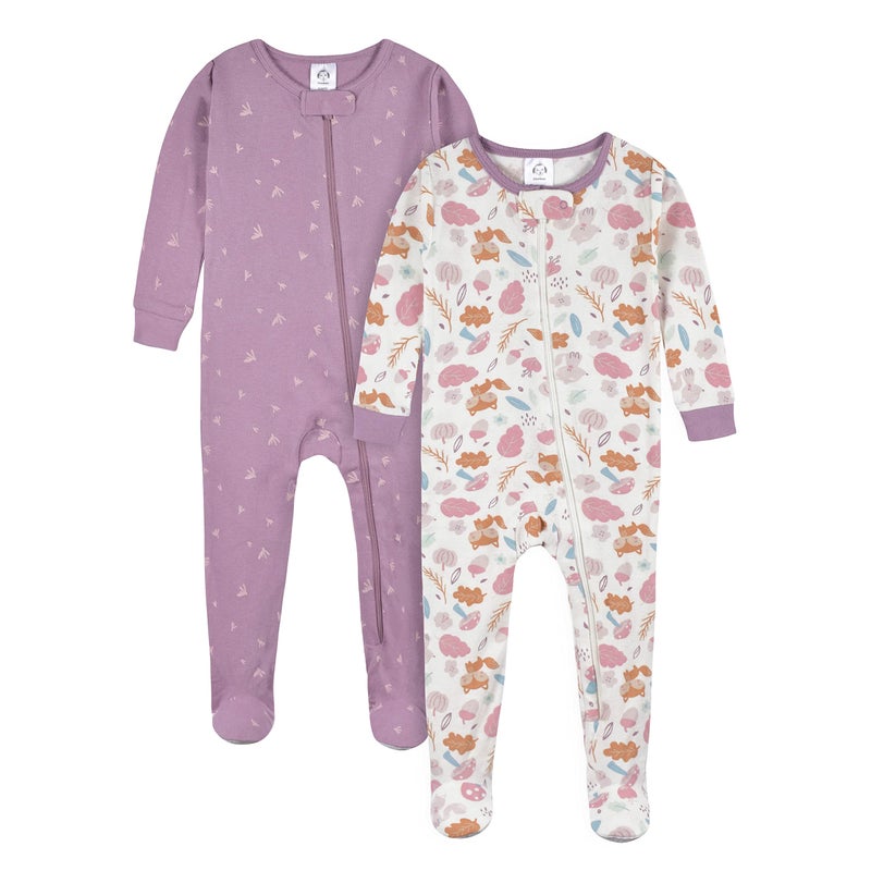 Gerber Baby Girls 2-Pack Footed Pajamas, Woodland Floral Purple, 18 Months - Image 1