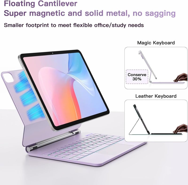 آرترابيت لوحة مفاتيح سحرية لـ iPad Air 11" M4/M3/M2 و iPad Air الجيل الخامس/الرابع و iPad Pro 11" (الجيل الأول/الثاني/الثالث/الرابع)، حافظة لوحة مفاتيح مع حامل مغناطيسي، لوحة لمس متعددة اللمس، إضاءة خلفية بـ 7 ألوان، أرجواني - Image 3